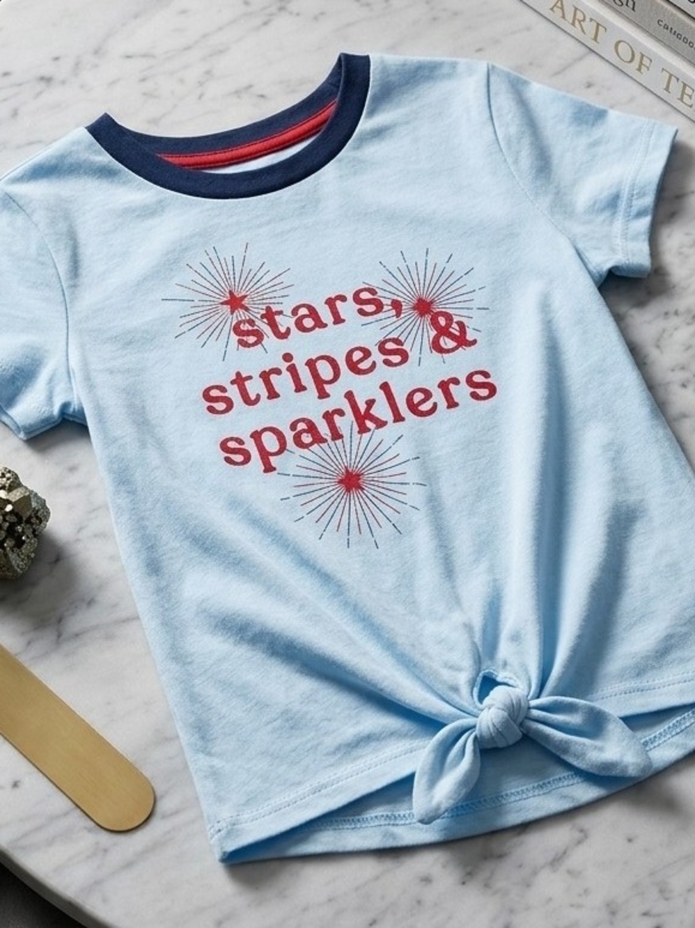 wonder nation Blue Tee with Red Patriotic Graphic and Navy Neck Trim